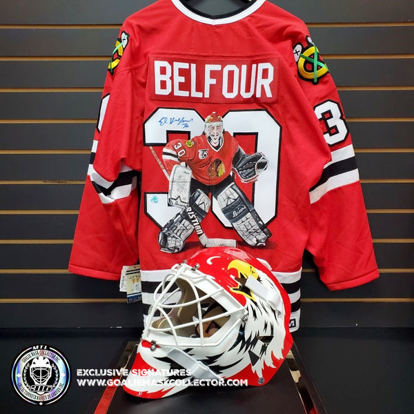 Demo: ED BELFOUR SIGNED JERSEY ART EDITION HAND-PAINTED TORONTO MAPLE –  Goalie Mask Collector
