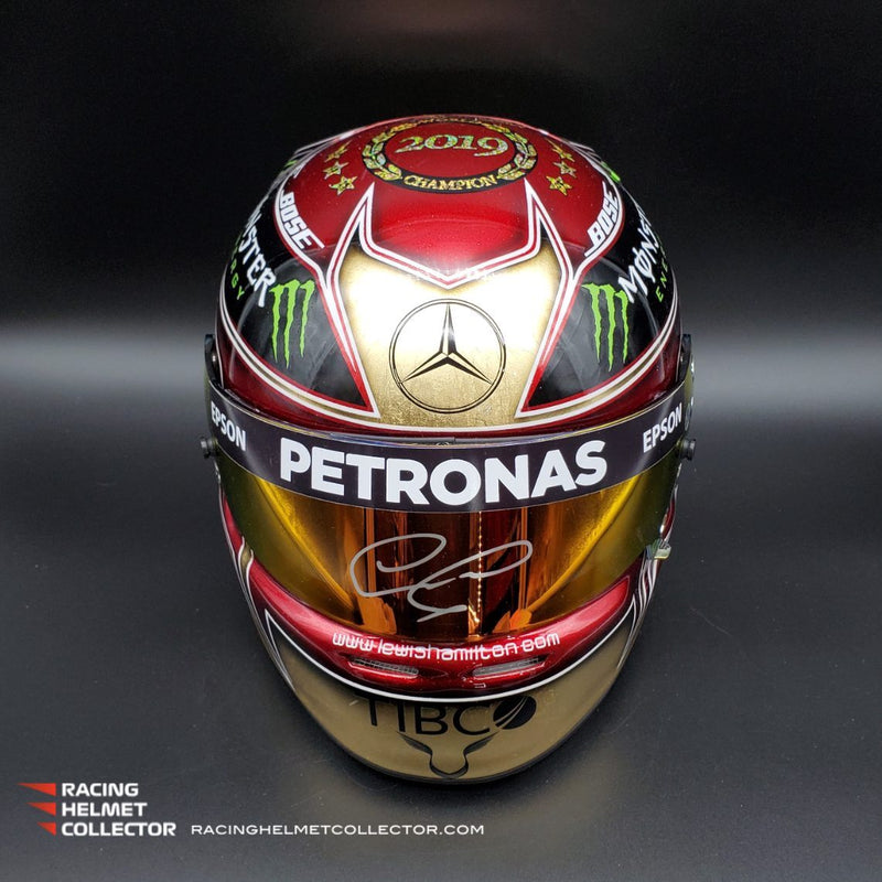 Lewis Hamilton Signed Race Issued Visor Monaco 2022 Mounted On Promo 2019 Gold Abu Dhabi Tribute Autographed Full Scale 1:1 AS-02431