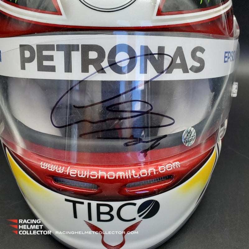 Lewis Hamilton Signed Visor TEAR-OFF Mounted on Promo Helmet 2019 White Full Scale 1:1 AS-02287