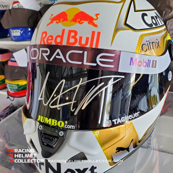Sold! Max Verstappen Signed Helmet 2022 White & Gold Accents