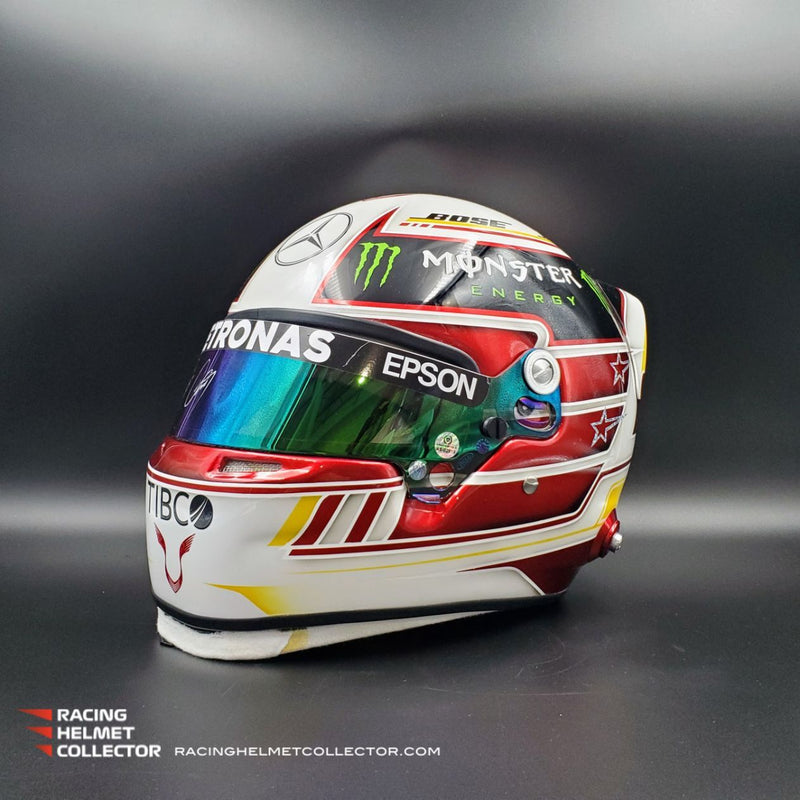Lewis Hamilton Signed Race Worn Helmet Visor 2021 Mounted On 2019 White Promo Helmet Full Scale 1:1 AS-02818
