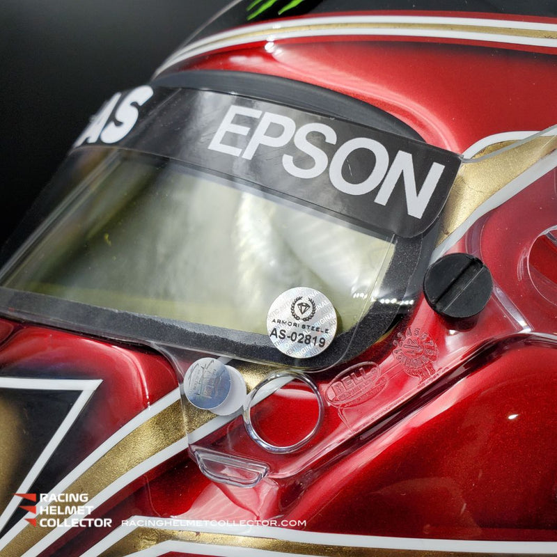 Lewis Hamilton Signed Race Worn Helmet Visor 2021 Mounted On 2019 Gold Abu Dhabi Promo Helmet Full Scale AS-02819
