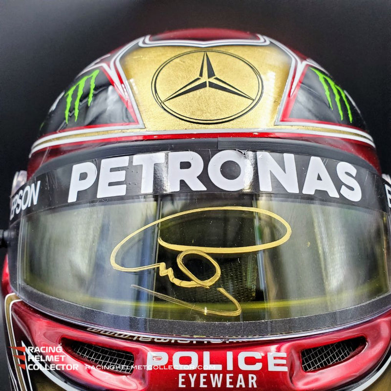 Lewis Hamilton Signed Race Worn Helmet Visor 2021 Mounted On 2019 Gold Abu Dhabi Promo Helmet Full Scale AS-02819
