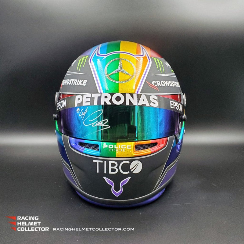 Lewis Hamilton Signed Race Worn Helmet Visor 2021 Mounted On Rainbow Abu Dhabi GP Promo Helmet Full Scale 1:1 AS-02817