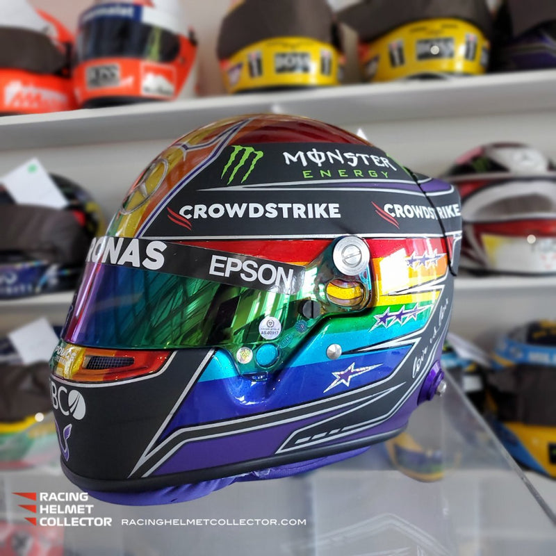 Lewis Hamilton Signed Race Worn Helmet Visor 2021 Mounted On Rainbow Abu Dhabi GP Promo Helmet Full Scale 1:1 AS-02817