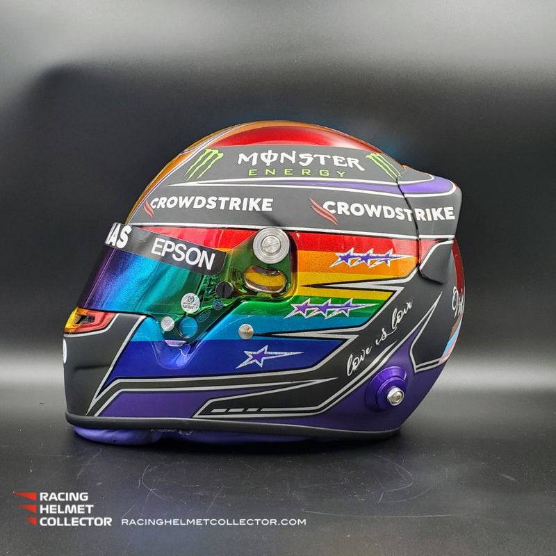 Lewis Hamilton Signed Race Worn Helmet Visor 2021 Mounted On Rainbow Abu Dhabi GP Promo Helmet Full Scale 1:1 AS-02817