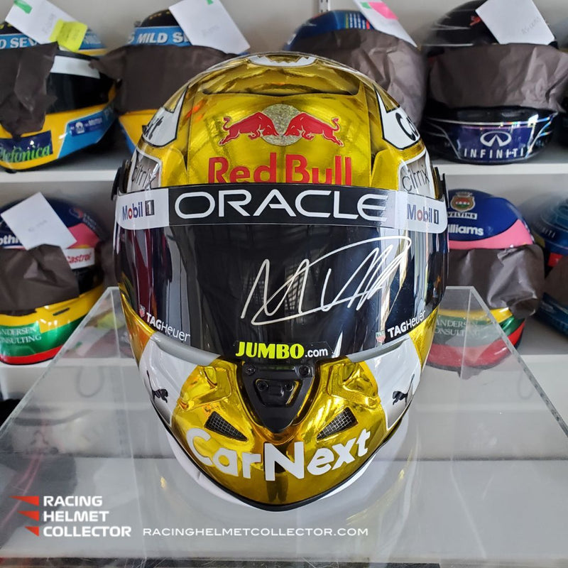 Max Verstappen Signed Helmet Visor 2022 CHROME GOLD World Champion Autographed Display Tribute 1:1 Full Scale AS-02851