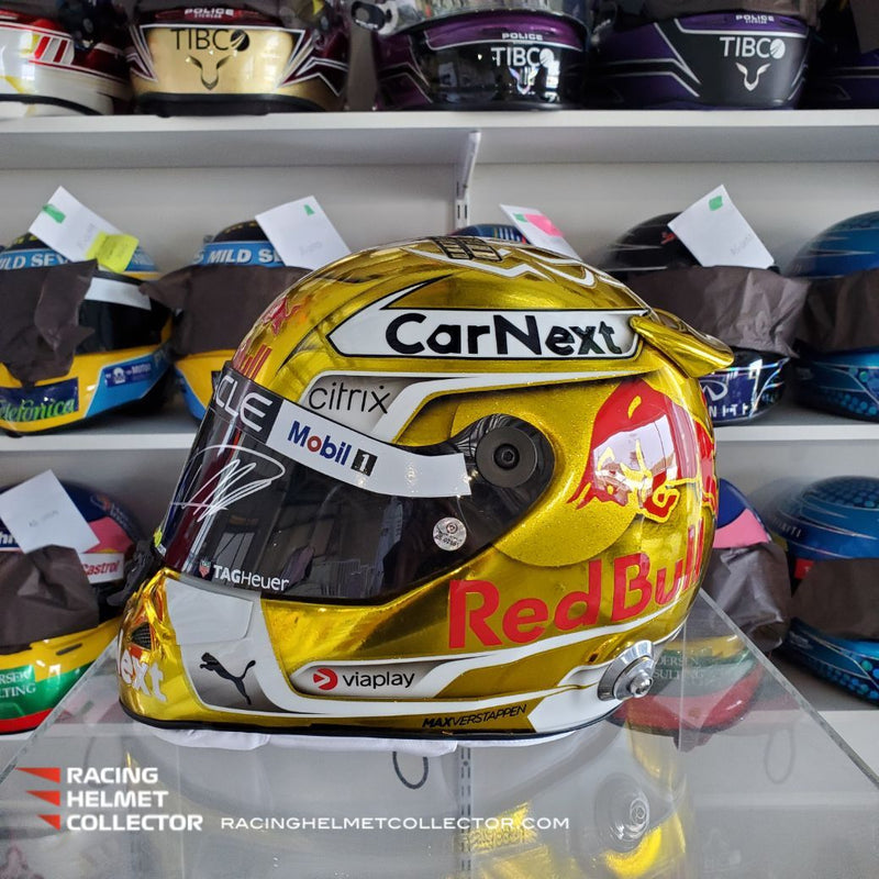 Max Verstappen Signed Helmet Visor 2022 CHROME GOLD World Champion Autographed Display Tribute 1:1 Full Scale AS-02851