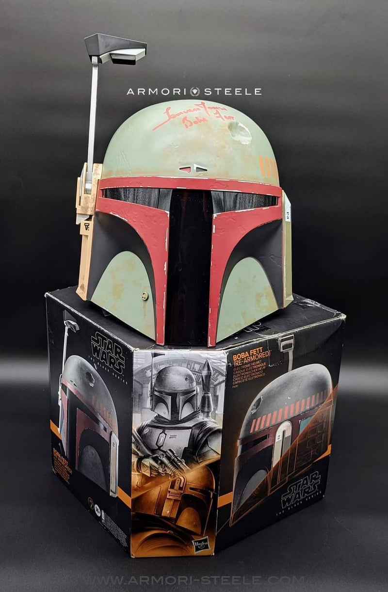 Star Wars Signed Helmet Temuera Morrison The Black Series Boba Fett Re-Armored Premium Electronic Helmet with Inscription ''Boba Fett'' AS-03097