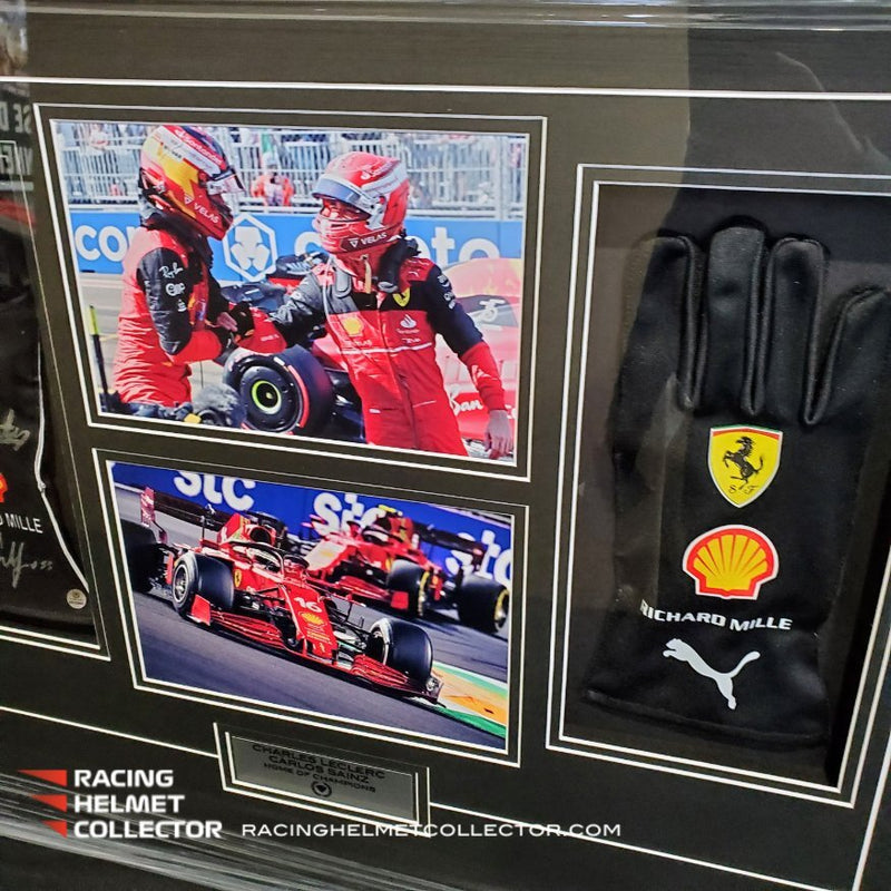 Charles Leclerc + Carlos Sainz Dual Signed Black Gloves Replica Fully Wood Framed AS-02442