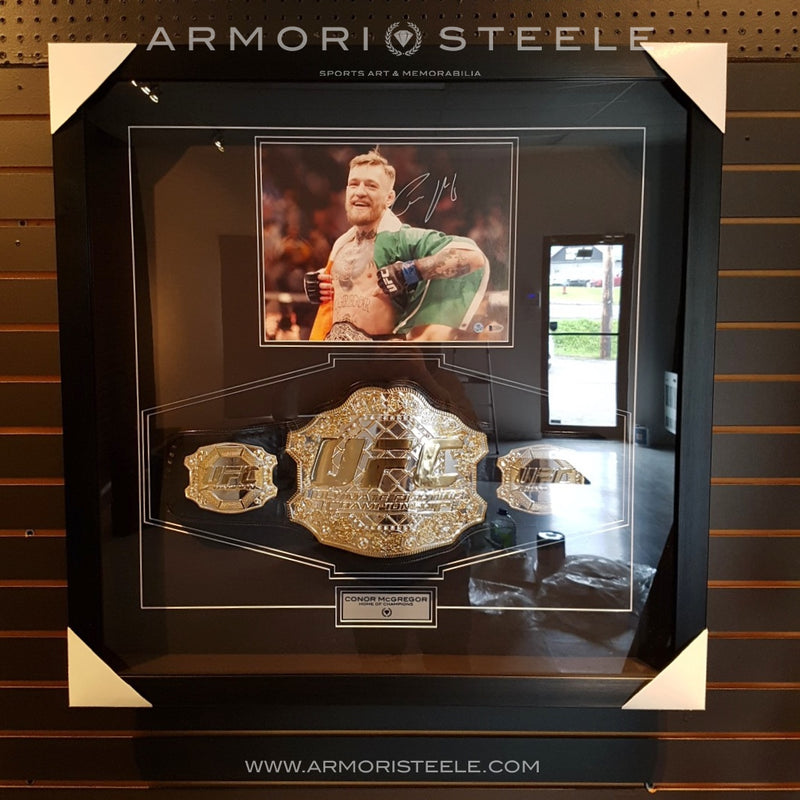 CONOR MCGREGOR SIGNED FRAME WITH OFFICIAL UFC REPLICA BELT - 10K GOLD PLATED + PICTURE - SHADOW BOX - 2ND EDITION - SOLD