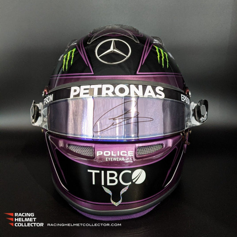 Lewis Hamilton Signed Helmet Race Worn Race Used Visor 2021 Mounted on Promo Helmet Black & Purple BLM Autographed Display Tribute Full Scale 1:1 AS-02231