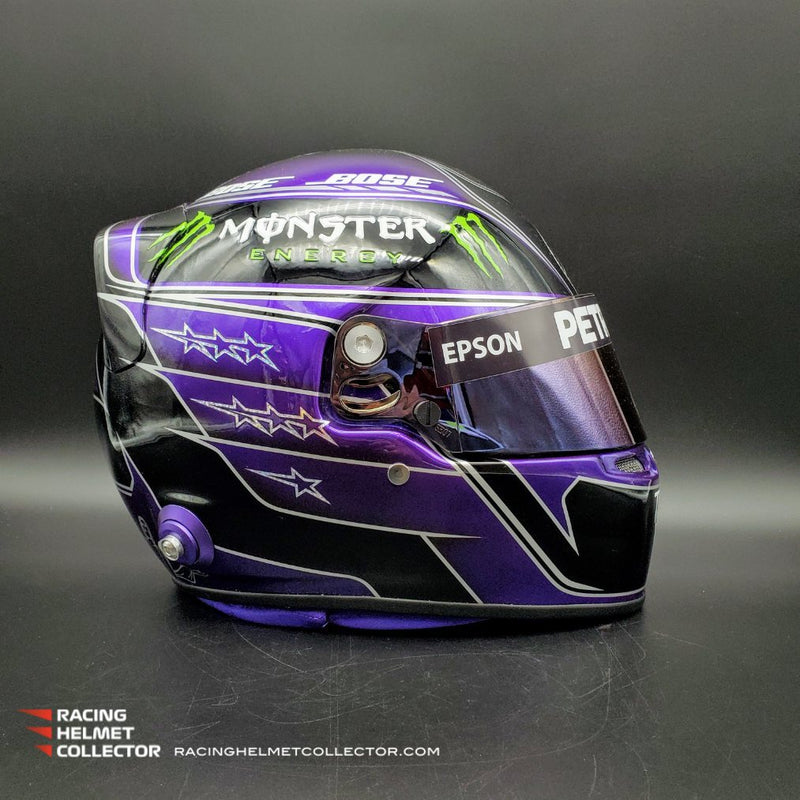 Lewis Hamilton Signed Helmet Race Issued Visor 2020 Mounted on PROMO Black & Purple BLM Autographed Display Tribute Full Scale 1:1 AS-02378