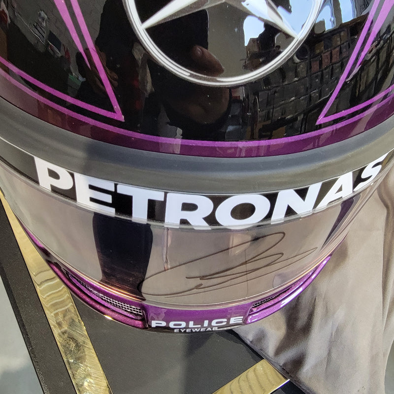 Lewis Hamilton Signed Helmet Race Worn Race Used Visor 2021 Mounted on Promo Helmet Black & Purple BLM Autographed Display Tribute Full Scale 1:1 AS-02231