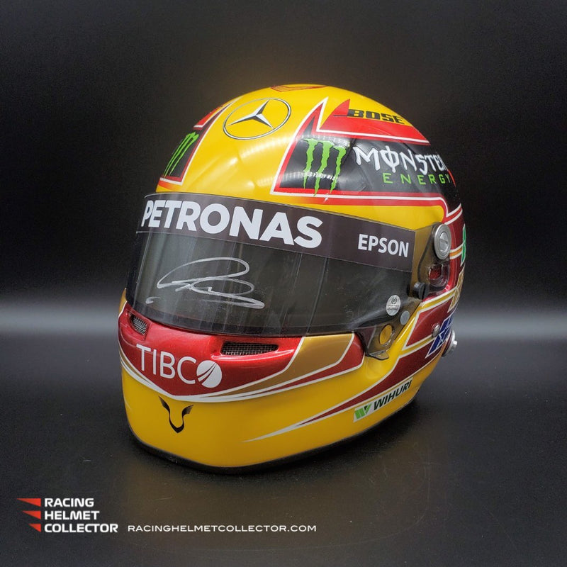 Lewis Hamilton Signed Helmet Race Issued Visor Mounted on Promo Helmet 2017 Yellow Autographed Display Tribute Full Scale 1:1 AS-00947