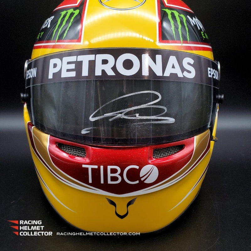 Lewis Hamilton Signed Helmet Race Issued Visor Mounted on Promo Helmet 2017 Yellow Autographed Display Tribute Full Scale 1:1 AS-00947