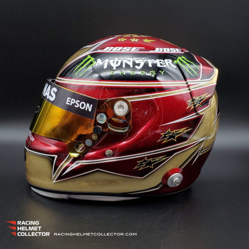 Lewis Hamilton Signed Race Issued Visor Monaco 2022 Mounted On Promo 2019 Gold Abu Dhabi Tribute Autographed Full Scale 1:1 AS-02431
