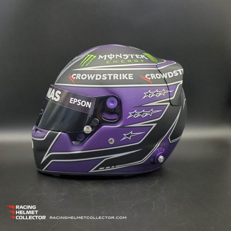 Lewis Hamilton Signed Race Issued Visor Mounted On Promo 2021 Black & Purple Autographed 1:1 Full Scale AS-02433
