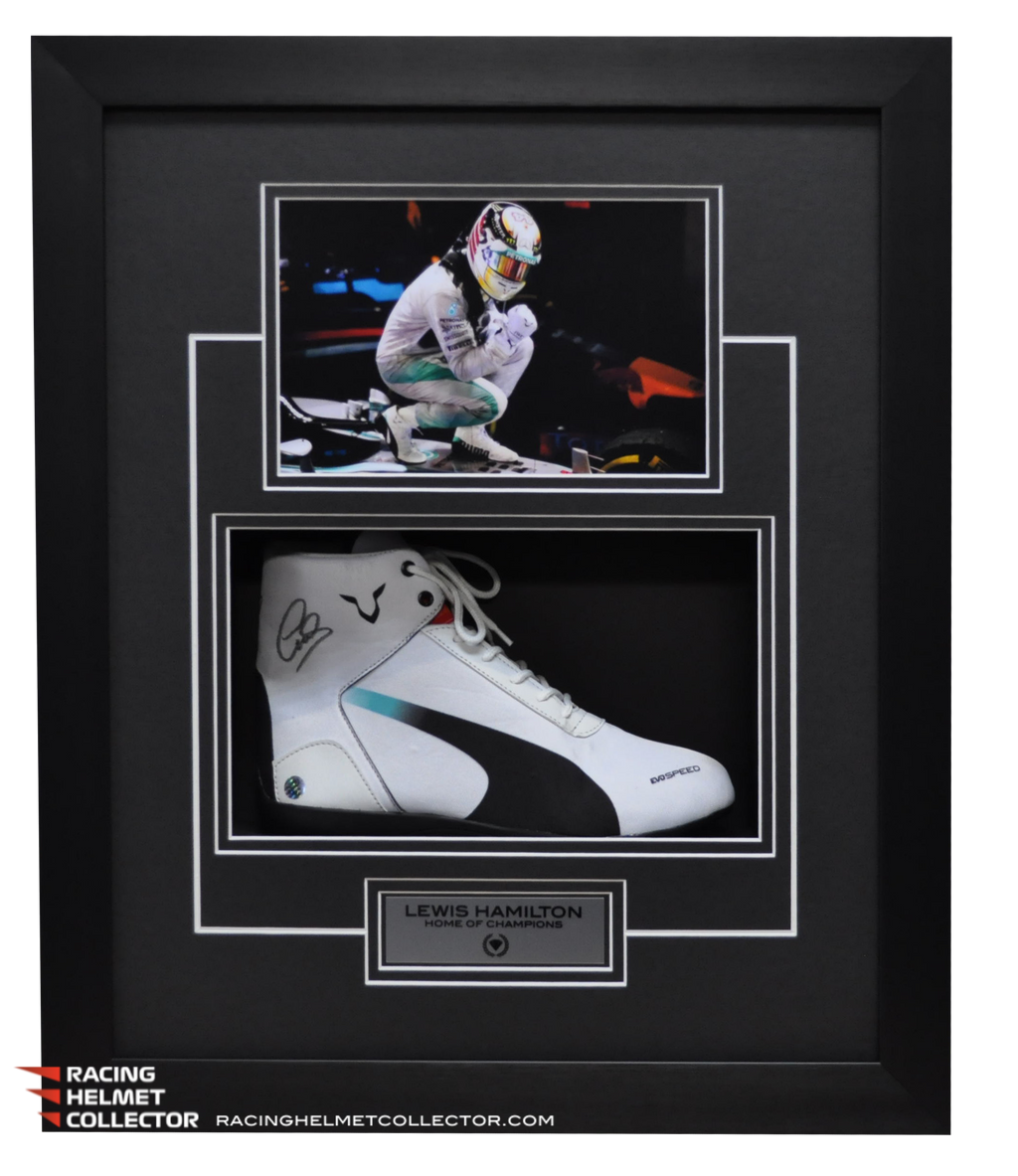 Lewis Hamilton Signed Replica Puma Shoe Fully Wood Framed V1 AS 00425 ARMORI STEELE Sports Entertainment Memorabilia