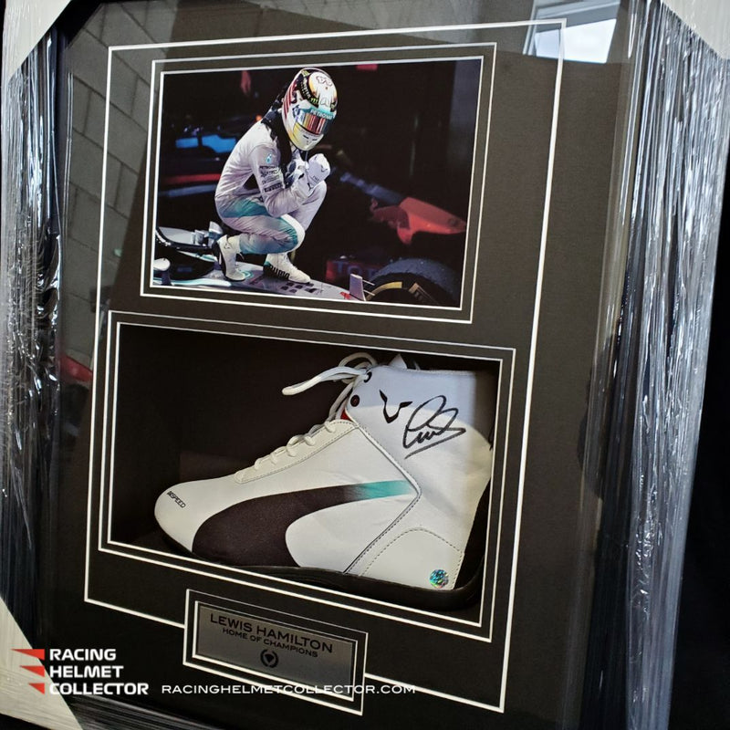 Lewis Hamilton Signed Replica Puma Shoe Fully Wood Framed V2 AS-00424