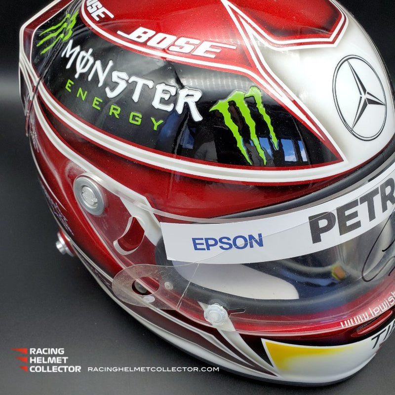 Lewis Hamilton Signed Visor TEAR-OFF Mounted on Promo Helmet 2019 White Full Scale 1:1 AS-02287