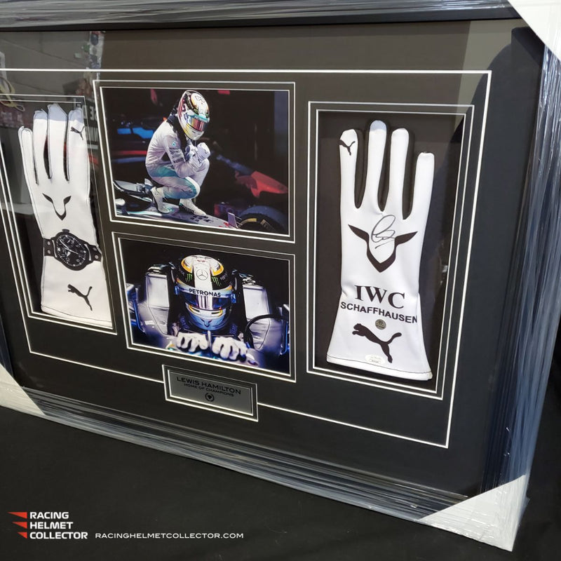Lewis Hamilton Signed White Gloves Replica Fully Wood Framed AS-02485