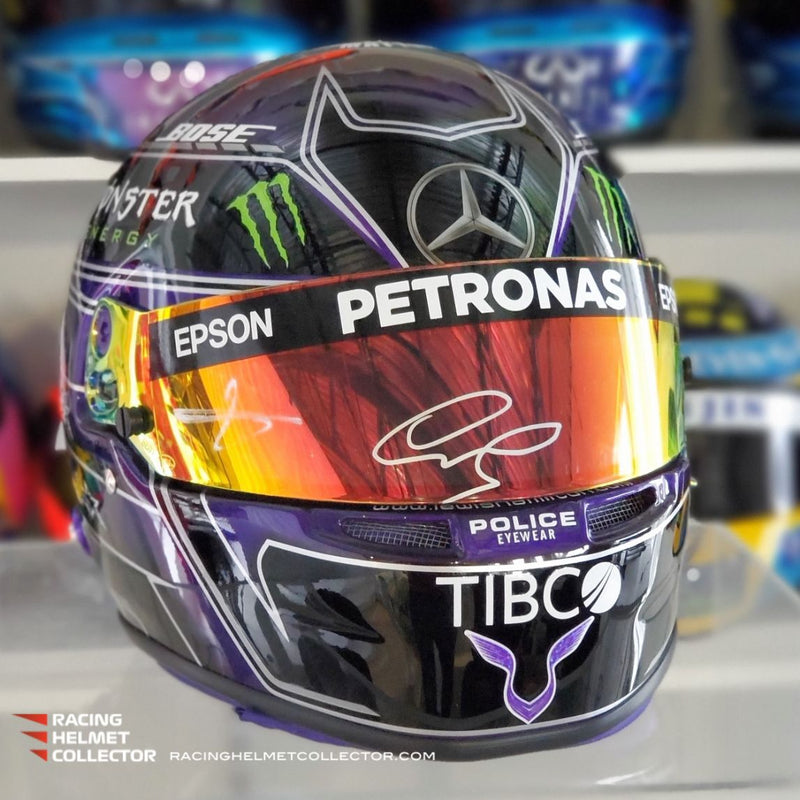 Lewis Hamilton + Toto Wolff Signed Helmet Dual Signed Race Issued Visor Mounted On Promo 2020 Helmet Black & Purple Display Tribute Full Scale 1:1 AS-02430 - SOLD