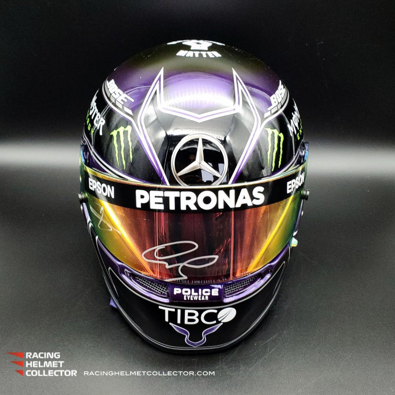 Lewis Hamilton + Toto Wolff Signed Helmet Dual Signed Race Issued Visor Mounted On Promo 2020 Helmet Black & Purple Display Tribute Full Scale 1:1 AS-02430 - SOLD