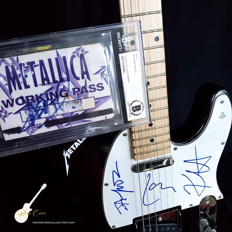 Metallica Signed Guitar Frame Premium Autographed Black & White Telecaster Replica Autographed by Hetfield, Ulrich, Hammett + Backstage Pass Signed by Newsted AS-02475