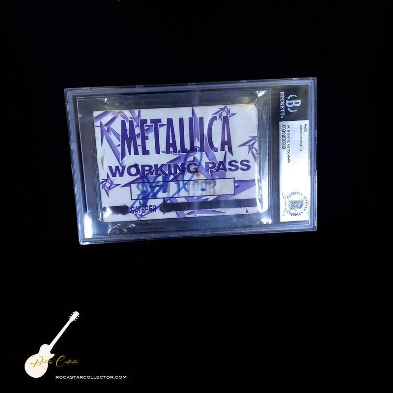 Metallica Signed Guitar Frame Premium Autographed Black & White Telecaster Replica Autographed by Hetfield, Ulrich, Hammett + Backstage Pass Signed by Newsted AS-02475